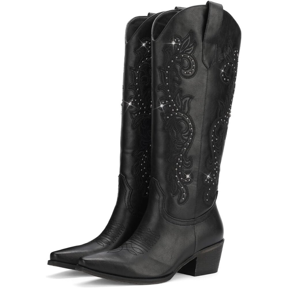 ⚡Women's Black Wide Calf Cowgirl Boot Embroidered Western Square Toe Chunky Heel